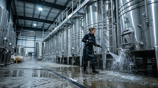 Cleaning large metal vats in a industrial brewery
