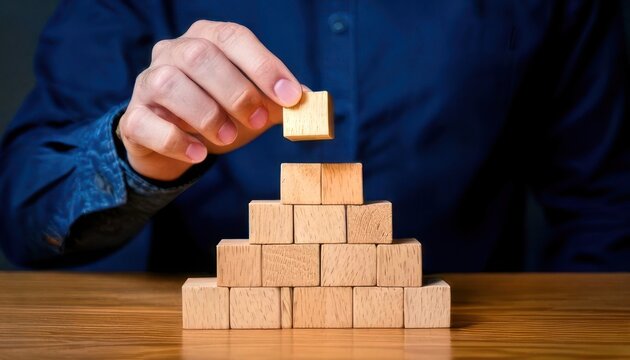 Hand placing a wooden block on top of a pyramid structure.