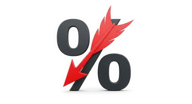 Percent symbol with downward arrow and arrow through it, financial crisis