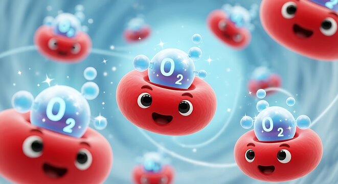 Cartoon red blood cells with oxygen.