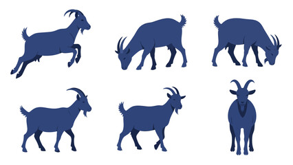 Obraz premium Blue Goat Silhouettes Set: Diverse Farm Animal Poses - Standing, Walking, Jumping, Grazing Icons