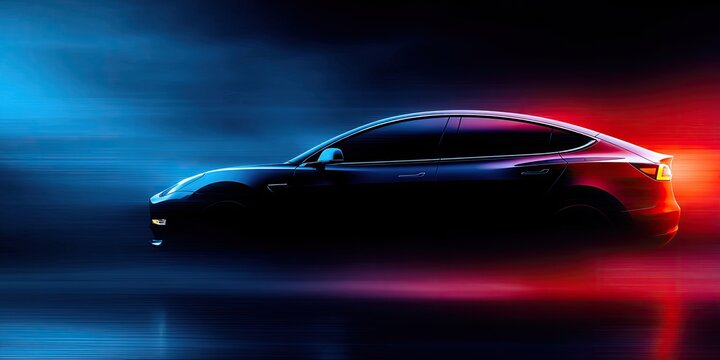 Sleek dark sedan in motion against blurred blue and red light, speed trails