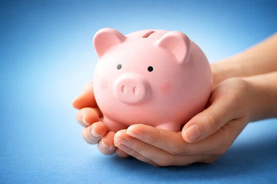 Two hands gently holding a cute pink piggy bank against a soft blue background symbolizing safe money savings careful financial investment and banking wealth management