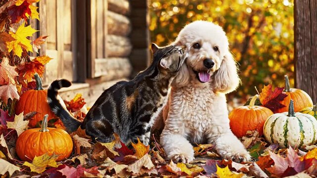 A cream-colored poodle dog and a tabby cat lying together on a wooden porch surrounded by orange pumpkins and fallen autumn maple leaves in front of a rustic log cabin.