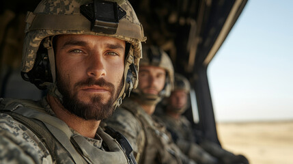 Obraz premium Soldiers in military uniform and helmets inside a vehicle, looking forward