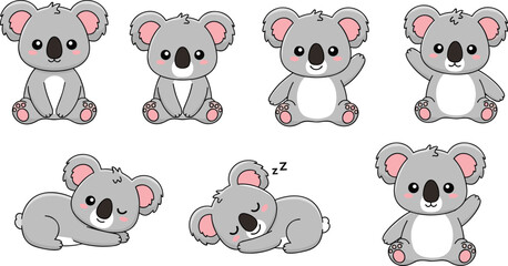 Cute Koala Bears in Various Poses, Relaxing, Sleeping, Waving, and Sitting, Playful Expressions, Adorable Animal Illustrations for Kids’ Designs, and Animal Lovers © Lal