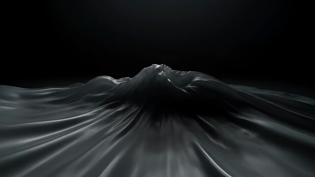 Abstract animation full frame wave saturation black fabric drape in dark studio with rich dark glossy surface and fluid silk texture creating calm minimal surreal digital motion scene