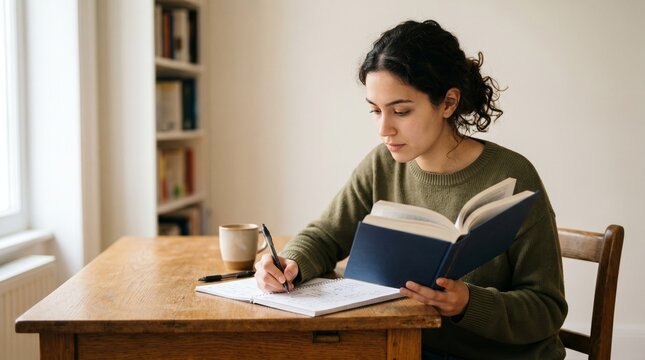 A young woman intensely studies, penning notes while reading, capturing the quiet diligence of academic pursuit and the solitary, focused construction of a well-informed mind.
