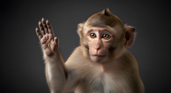 Close-up portrait of a curious monkey raising its hand.