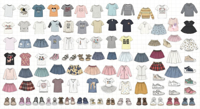 Childrens clothing collection, baby fashion apparel set with 80 icons, kids casual outfits and footwear vector, cute t-shirts and skirts for girls