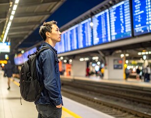 Fototapeta premium A young man with a backpack looks up at train schedules