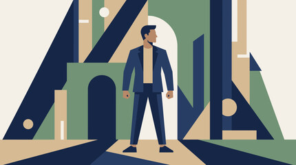 Fototapeta premium Businessman standing amid abstract architectural geometric shapes and dramatic shadows.