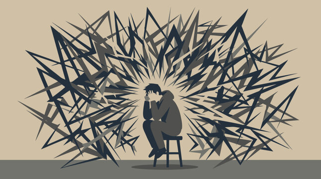 Lonely person crouching in front of chaotic jagged spikes representing anxiety and emotional turmoil.