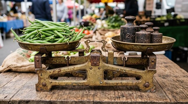 Vintage weighing scale displayed at a lively outdoor market.