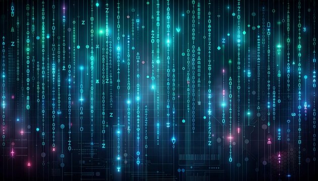 Digital Rain: A captivating digital display of luminous, cascading code descends like a vibrant waterfall, illustrating the intricacies of technology.