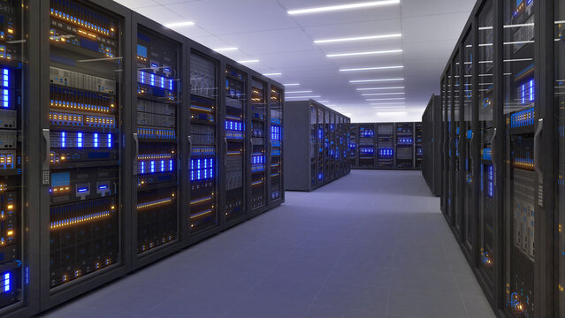 Black storage and processing unit, large AI processing server room, data center storage and network processing room, SSD and hard disk drive storage, and processor cooling system,3D rendering