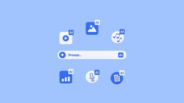 Animated artificial intelligence concept showing generative capabilities for images, video, music, audio, and data visualization. Ideal for modern technology, innovation, and AI technology themes.