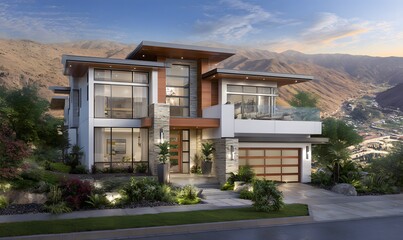 Fototapeta premium Modern two-story house with white walls and wooden accents