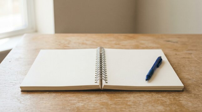 An open, blank spiral notebook and a blue pen sit on a wooden desk, symbolizing a fresh start, the vastness of untapped potential, and the quiet invitation to begin a new chapter of one's story.