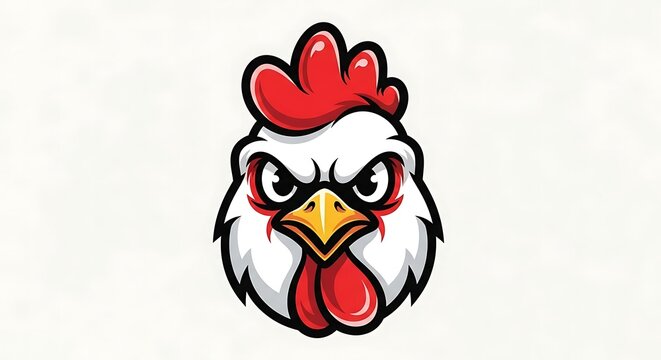 Angry cartoon chicken face closeup.