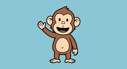 Cute cartoon monkey waving hello, isolated on blue background