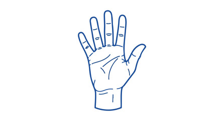 Fototapeta premium Minimalist blue line art hand icon, open palm gesture vector illustration, human hand anatomy sketch for medical and communication design