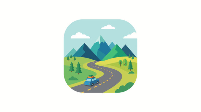 Travel and Road Trip App Icon - Car Driving on Mountain Road Vector Illustration
