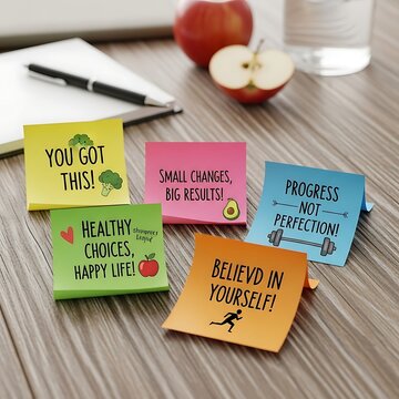 Motivational sticky notes on wooden desk.
