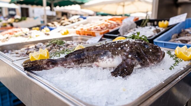 Fresh whole monkfish displayed on a bed of crushed ice at a local outdoor farmers food market
