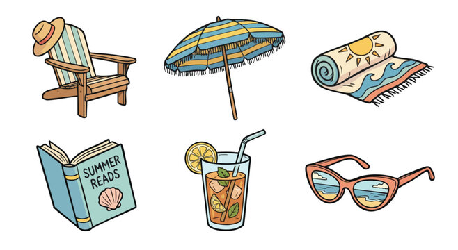 Summer beach essentials illustration with chair, umbrella, and sunglasses