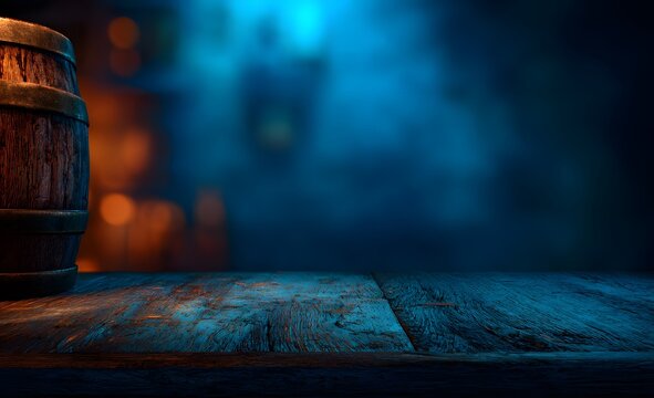 Old wooden barrel on empty rustic table in dark room