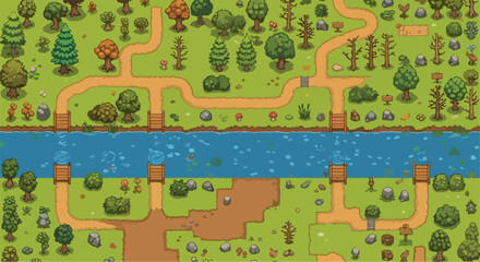 Naklejka premium Pixel art forest landscape with river and wooden bridges, retro 2D game map background, top-down nature environment for RPG game design