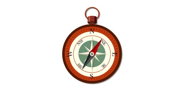 Animated vintage compass showing direction with spinning needle, isolated on white background, motion footage.