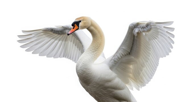 White swan spreading its wings with white background long neck spreading