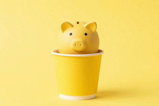 Yellow piggy bank inside a yellow paper cup on yellow background. Financial savings concept.