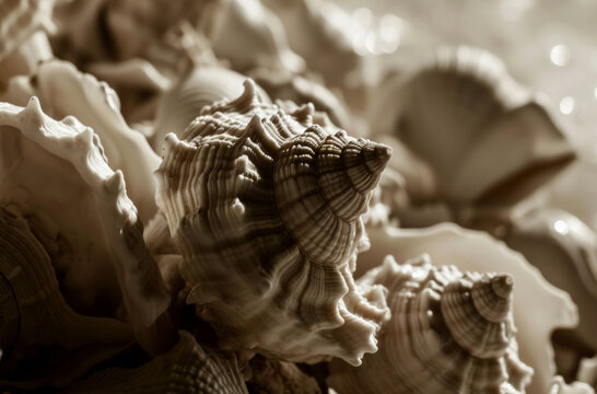 Toned image of many sea shells in pile. Lots of scallop seashells piled together background