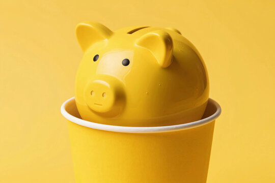 Yellow piggy bank inside a yellow paper cup on yellow background. Financial savings concept.