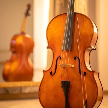 A close-up of a violin with another stringed instrument in background
