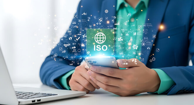 Businessman using mobile phone with glowing ISO standards icon, representing digital quality management and business certification technology