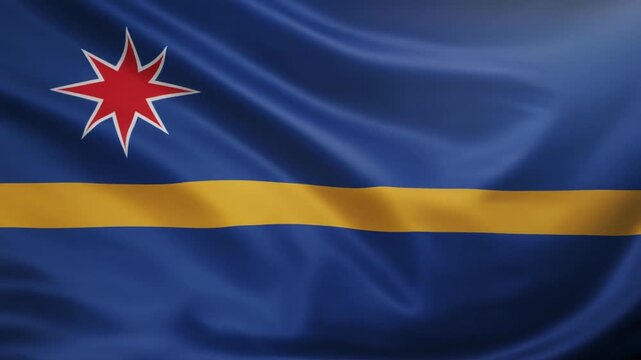 Aruba national flag with light blue field, two yellow stripes, red four-pointed star outlined in white, symbolizing sea, sky, abundance, purity, and island identity.