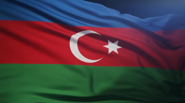 Azerbaijan national flag with blue, red, and green horizontal stripes, central white crescent and eight-pointed star, symbolizing Turkic heritage, progress, Islam, and national identity.