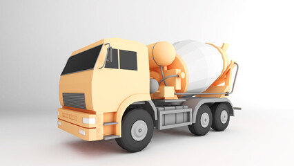 A 3D model of a cement truck used in construction, on a white background. 3d rendering © oselote
