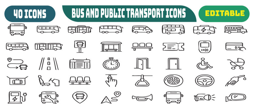 A collection of bus and public transport related icons in a clean line art style for creative use on white background.