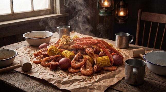 Steaming hot crab legs served with fresh corn and cajun seasoned shrimp for a rustic seafood feast