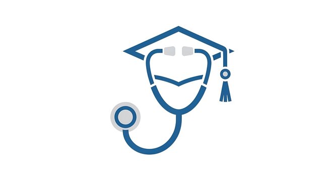 Blue stethoscope and graduation cap icon on white background for medical education
