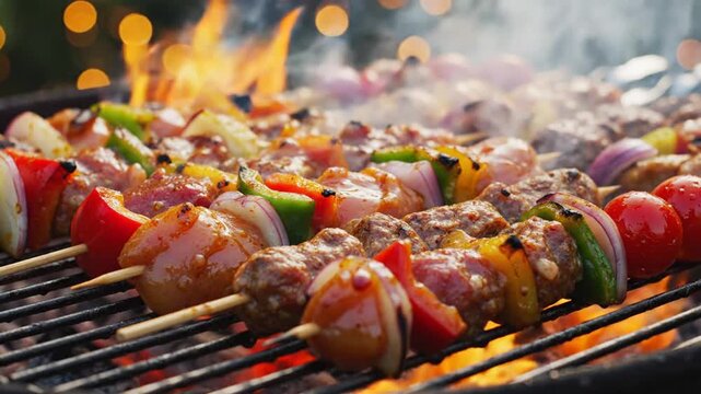 Close-up of mixed meat and vegetable kebabs grilling on a barbecue grate with flames, smoke, bell peppers, onions, and tomatoes under warm evening bokeh lights.