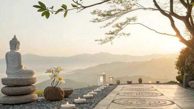 Serene Buddha statue overlooking misty mountains at sunrise with golden light