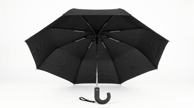A black umbrella stands open on a plain background with its handle down.