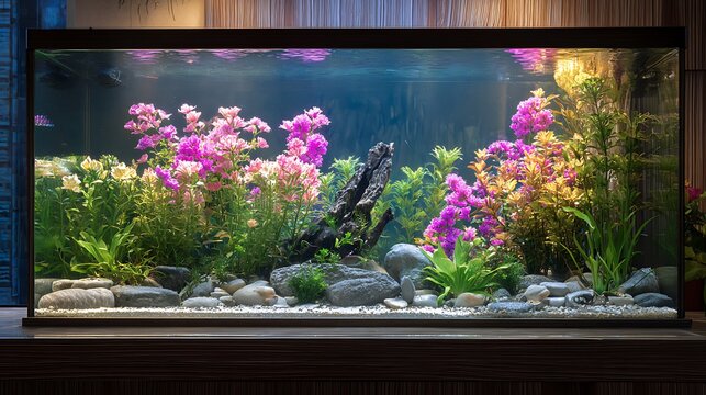 A vibrant freshwater aquarium featuring colorful artificial plants and decorative rocks.