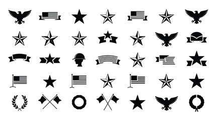 Collection of american patriotic symbols and icons including eagles stars flags ribbons laurel wreaths and banners representing freedom democracy and national pride in a clean © Shovon